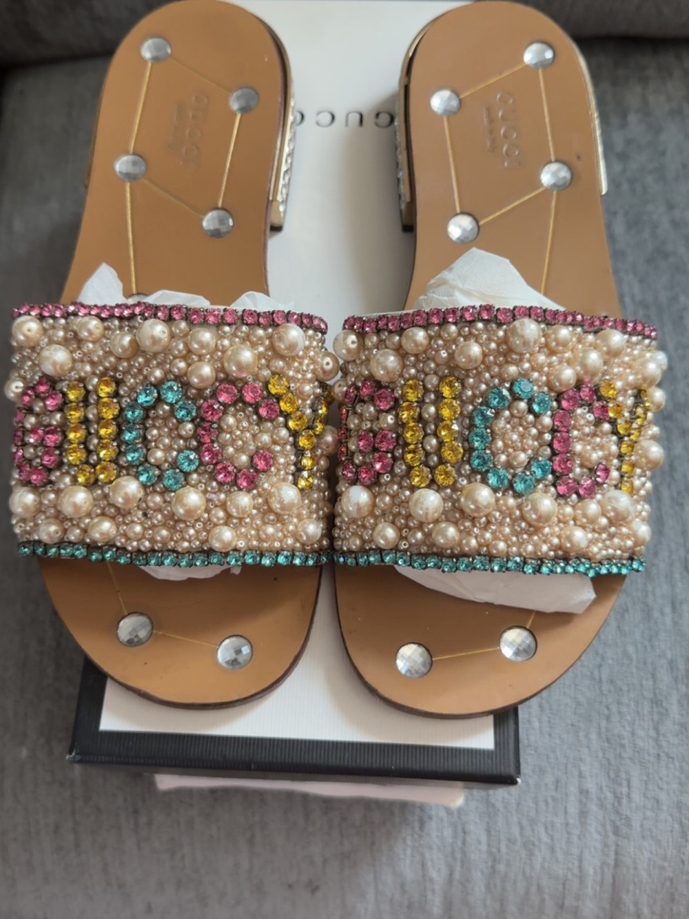 Gucci Pearl & Multicolor Crystal Logo Slide Sandals